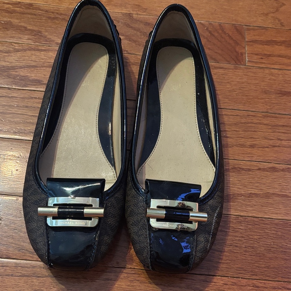 Michael Kors Black Patent Loafers with Gold Accent